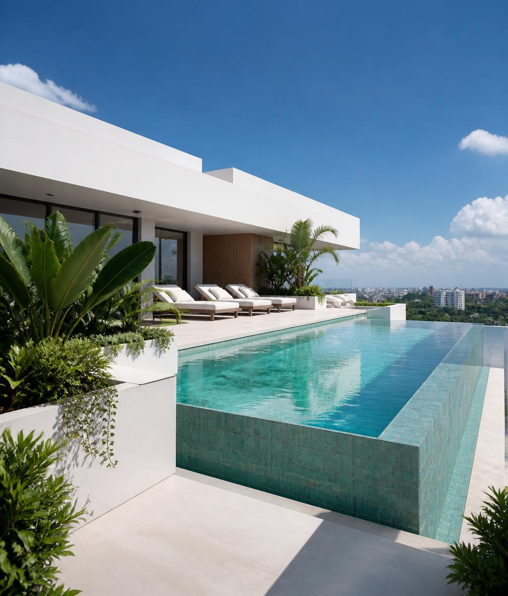 Piscina do rooftop com paisagismo tropical