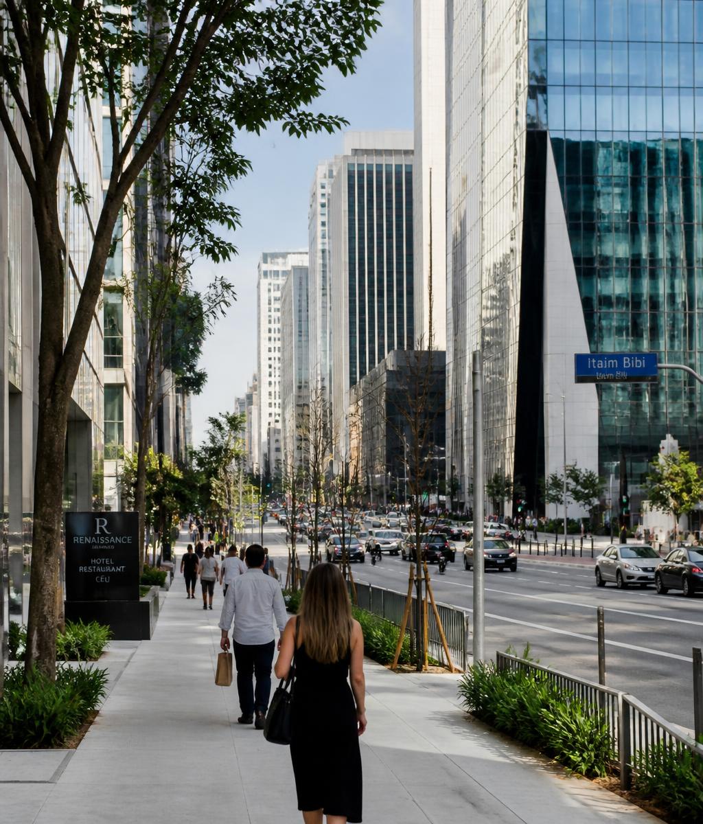 Avenida arborizada do Itaim Bibi com torres corporativas